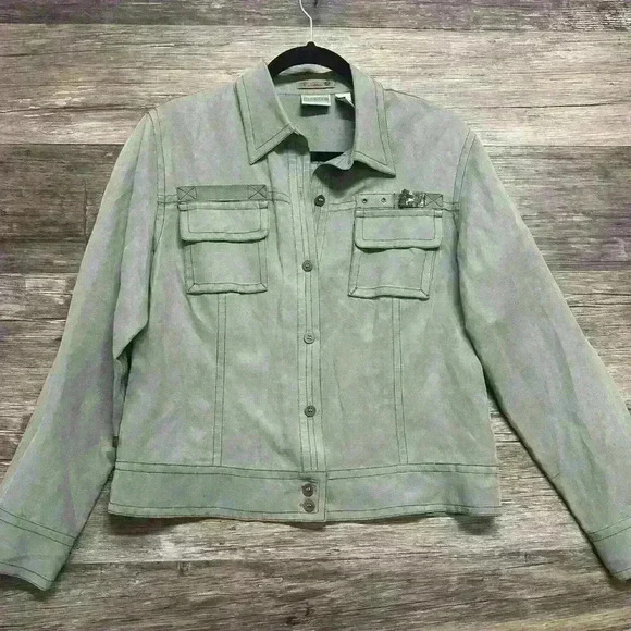 Chico’s Women’s Lightweight button up green jacket love happy respect size 1 - Picture 1 of 6
